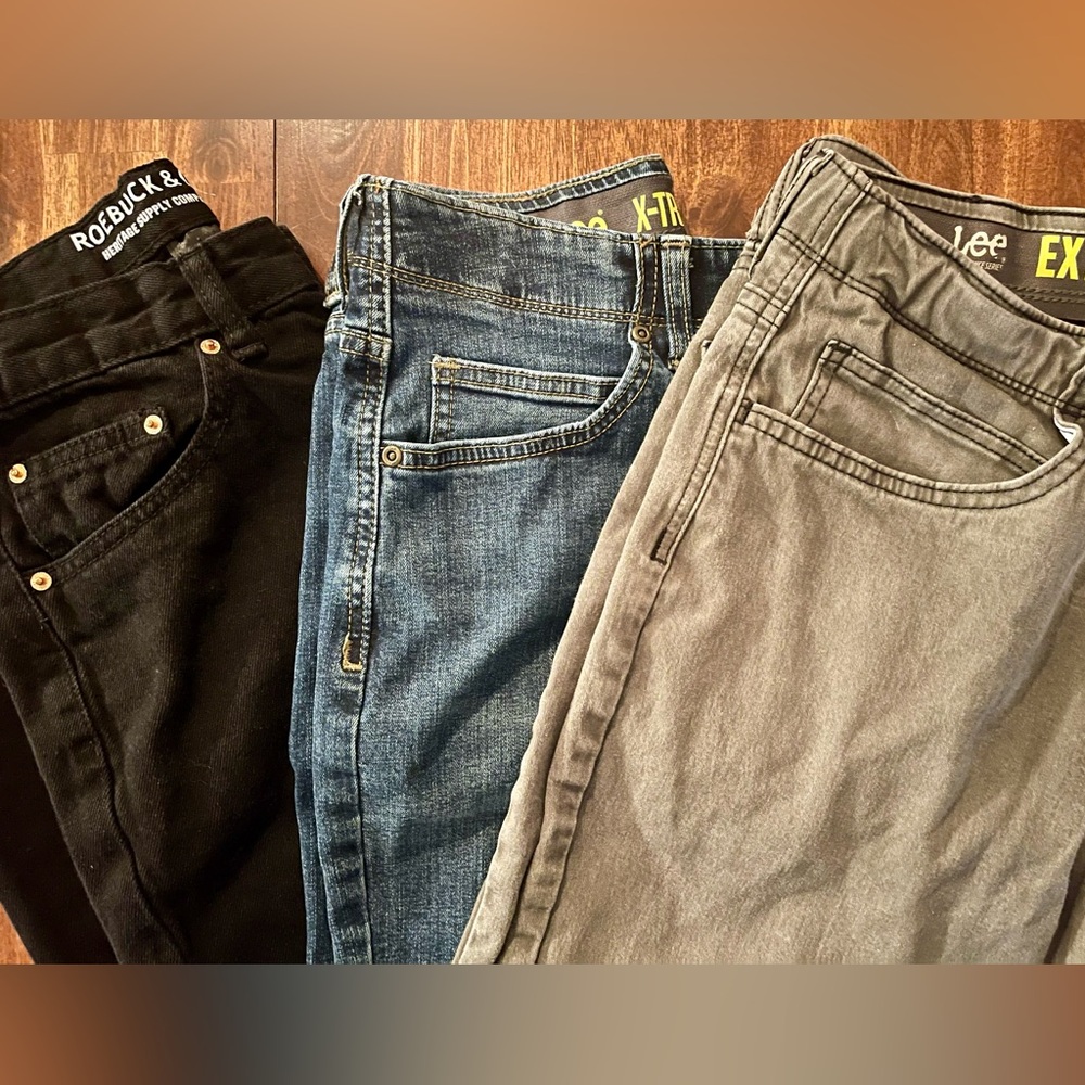Lot of 3 pairs of boys jeans (size 18 & size 16). Lee and Roebuck & CO brands.